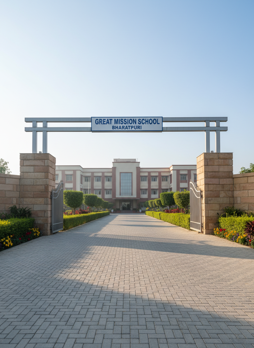 A modern school entrance gate made of brushed steel and sandstone, featuring a clean, well-crafted sign reading “Great Mission School Bharatpuri” in bold blue letters against a white background. The gate opens onto a neat paved driveway lined with manicured hedges and flowering plants, leading to a multi-storey academic block in soft cream and muted red tones. Soft morning sunlight illuminates the façade, creating gentle shadows that highlight architectural details. Photographed at eye level with a slightly wide angle, the composition emphasizes clarity, order, and professionalism. The sky is a clear, pale blue, giving the scene a calm, welcoming mood. Photographic realism, sharp focus throughout, ideal for a website homepage hero image conveying trust and academic excellence.