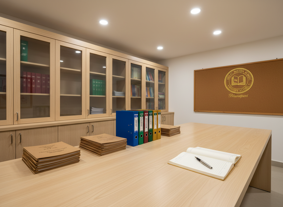 A dedicated faculty resource room in Great Mission School Bharatpuri, featuring a long rectangular table in pale wood with neatly stacked syllabus folders, color-coded binders labeled by subject, and an open notebook with a fountain pen resting on smooth white pages. Along the walls, built-in cabinets with frosted glass doors showcase organized teaching materials and reference books in rich, muted colors. Overhead, recessed warm-white lights provide even, soft illumination, creating minimal shadows and a focused, professional mood. Shot from a slightly elevated angle using the rule of thirds, the table occupies the foreground while cabinets recede into the background, all in crisp photographic realism. A subtle school emblem on a wall-mounted notice board adds institutional identity without clutter, conveying preparation and academic rigor.
