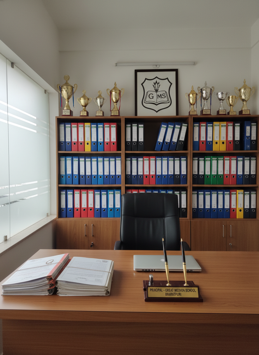 A well-organized principal’s office interior in a reputable school, featuring a large wooden desk with a smooth matte finish, neatly arranged files, a closed laptop, a classic pen stand, and a nameplate that reads “Principal – Great Mission School Bharatpuri.” Behind the desk stands a tall bookshelf filled with labeled binders and academic trophies, all meticulously arranged. Soft, diffused daylight enters through a frosted glass window, casting gentle shadows and a professional, composed atmosphere. Shot from a slightly elevated angle with a centered composition, everything is in sharp focus. The walls are painted in a neutral off-white with a framed school crest adding a formal touch. Photographic realism with a clean, modern aesthetic, reflecting authority, organization, and academic seriousness.