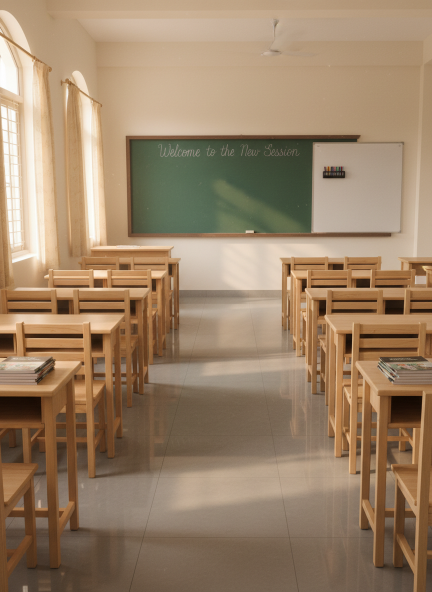 A bright, meticulously arranged classroom at Great Mission School Bharatpuri, with rows of light wooden desks and sturdy chairs aligned perfectly on a polished, light-grey tiled floor. At the front, a large green chalkboard is spotless except for a neatly written heading “Welcome to the New Session,” beside a mounted whiteboard with colorful markers arranged in a tray. Tall windows with pale cream curtains allow soft mid-morning sunlight to flood the room, creating subtle shadows under the desks and a warm, focused mood. The camera is positioned at the back of the room at eye level, looking toward the front wall, with sharp focus from foreground to background. The overall style is photographic realism, clean and professional, emphasizing structure, discipline, and readiness for learning.