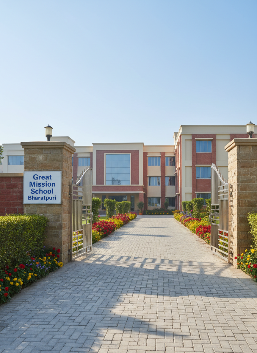 A modern school entrance gate made of brushed steel and sandstone, featuring a clean, well-crafted sign reading “Great Mission School Bharatpuri” in bold blue letters against a white background. The gate opens onto a neat paved driveway lined with manicured hedges and flowering plants, leading to a multi-storey academic block in soft cream and muted red tones. Soft morning sunlight illuminates the façade, creating gentle shadows that highlight architectural details. Photographed at eye level with a slightly wide angle, the composition emphasizes clarity, order, and professionalism. The sky is a clear, pale blue, giving the scene a calm, welcoming mood. Photographic realism, sharp focus throughout, ideal for a website homepage hero image conveying trust and academic excellence.