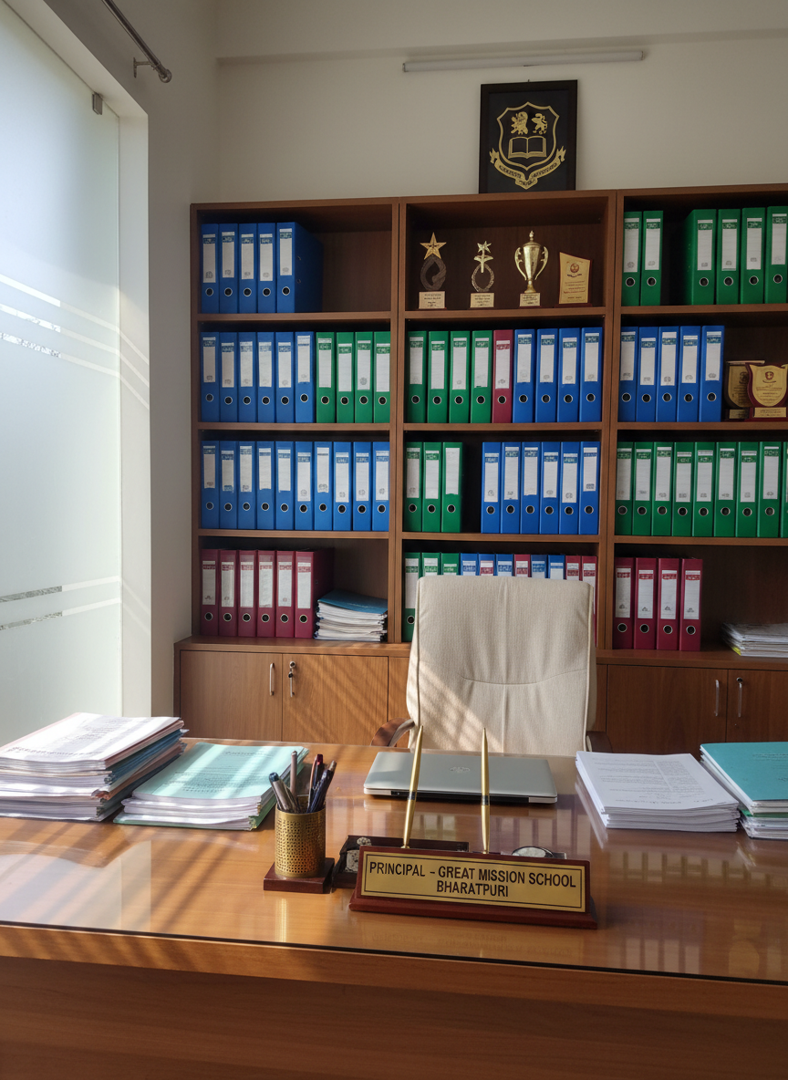 A well-organized principal’s office interior in a reputable school, featuring a large wooden desk with a smooth matte finish, neatly arranged files, a closed laptop, a classic pen stand, and a nameplate that reads “Principal – Great Mission School Bharatpuri.” Behind the desk stands a tall bookshelf filled with labeled binders and academic trophies, all meticulously arranged. Soft, diffused daylight enters through a frosted glass window, casting gentle shadows and a professional, composed atmosphere. Shot from a slightly elevated angle with a centered composition, everything is in sharp focus. The walls are painted in a neutral off-white with a framed school crest adding a formal touch. Photographic realism with a clean, modern aesthetic, reflecting authority, organization, and academic seriousness.