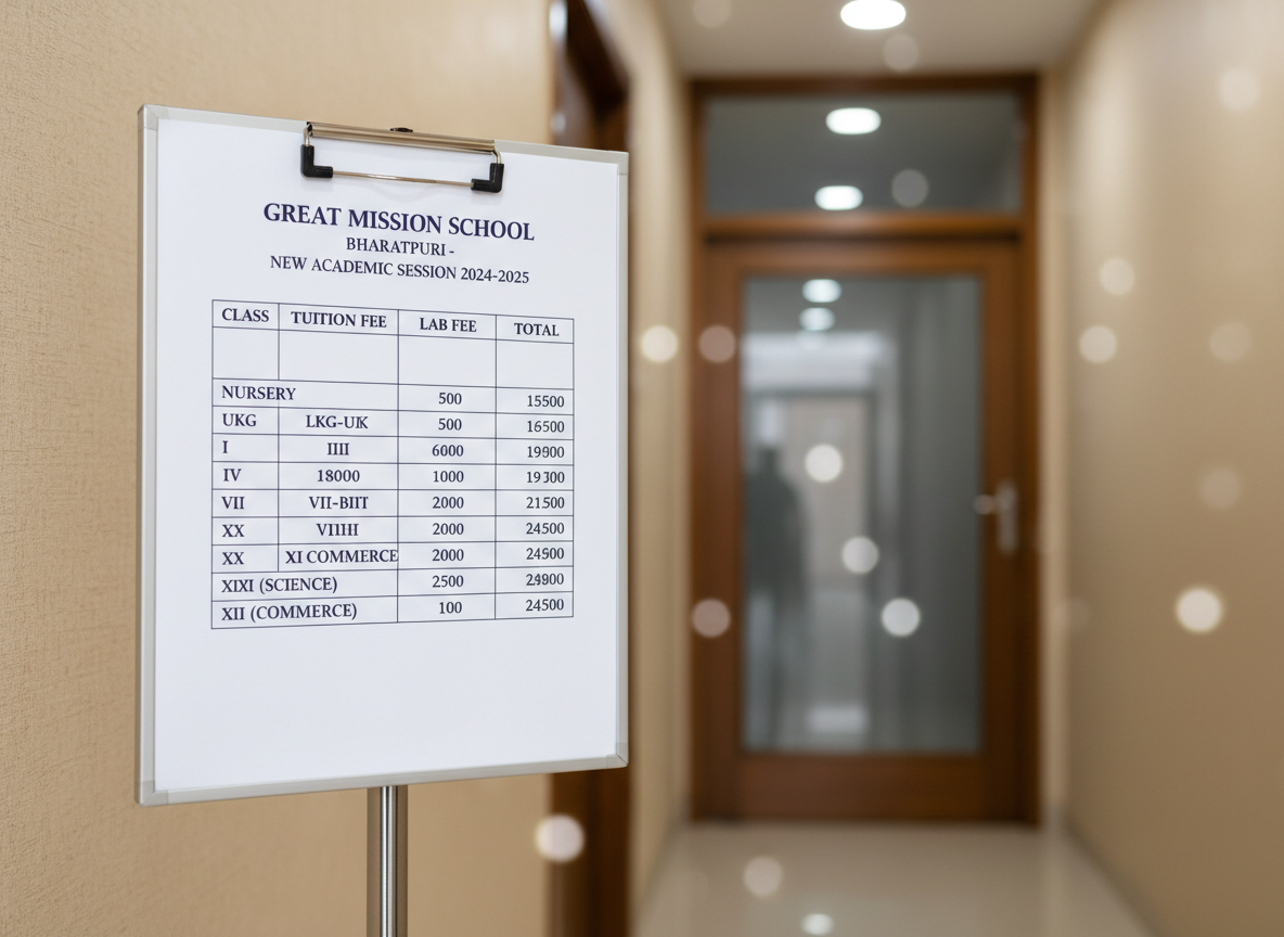A clear, professionally designed fee structure display for the new academic session at Great Mission School Bharatpuri, printed on a crisp white A3 sheet clipped to a sleek silver stand in a quiet administrative corridor. The table shows well-aligned columns labeled “Class,” “Tuition Fee,” “Lab Fee,” and “Total,” with tidy rows and legible dark blue typography. The corridor walls are painted in soft beige with a subtle texture, and a nearby glass-panel office door reflects gentle overhead lighting. Soft, evenly distributed indoor light minimizes glare on the paper, ensuring all details are readable. Photographed at eye level with a slight three-quarter angle, the fee sheet remains the primary focus while the background is gently blurred with mild bokeh. Photographic realism, clear and formal, emphasizing transparency and professionalism.