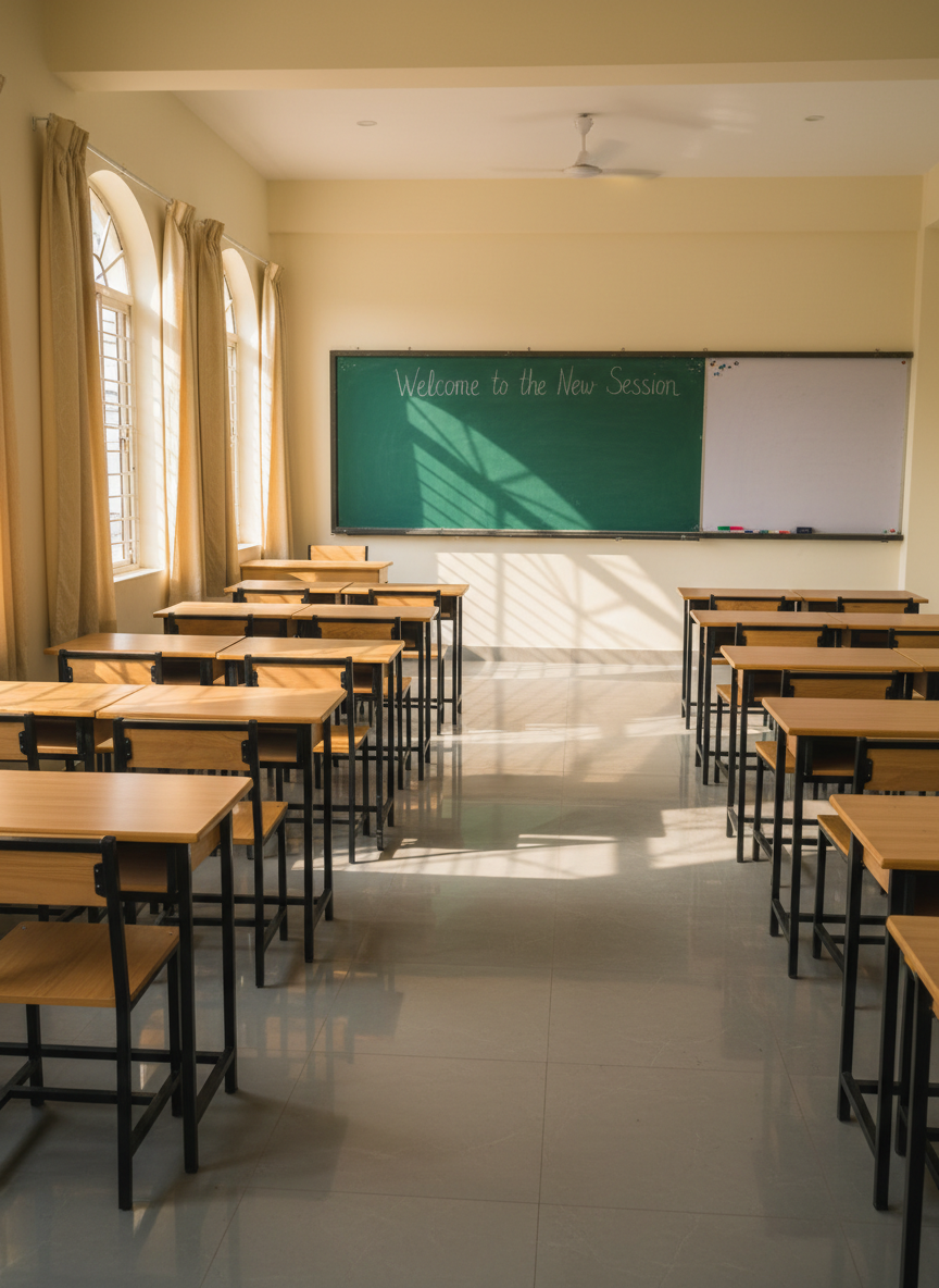 A bright, meticulously arranged classroom at Great Mission School Bharatpuri, with rows of light wooden desks and sturdy chairs aligned perfectly on a polished, light-grey tiled floor. At the front, a large green chalkboard is spotless except for a neatly written heading “Welcome to the New Session,” beside a mounted whiteboard with colorful markers arranged in a tray. Tall windows with pale cream curtains allow soft mid-morning sunlight to flood the room, creating subtle shadows under the desks and a warm, focused mood. The camera is positioned at the back of the room at eye level, looking toward the front wall, with sharp focus from foreground to background. The overall style is photographic realism, clean and professional, emphasizing structure, discipline, and readiness for learning.